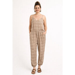 Free People Taupe Textured Jogger Jumpsuit Strappy Open Back Pockets Medium